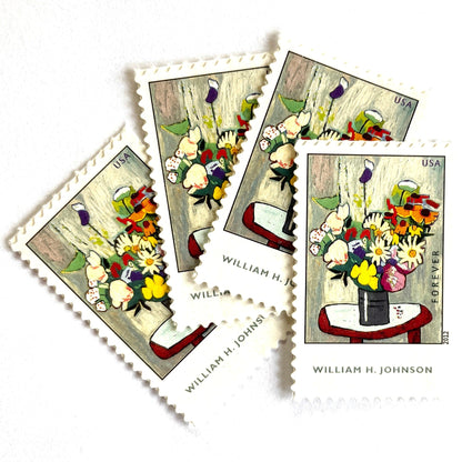 Image of 2012 American Treasures series “William H. Johnson” (Flowers Painting) unused 41-cent vintage USPS mail stamps. Scott #4653. Stamp Themes: Flowers, Floral, Botanical, Flowers in Vase Painting, African American Art. Yellow, Orange, Green, Multicolored self-adhesive postage stamp. Perfect postage stamp to use for save the date announcements, wedding invitation postage, bridal shower invitations, birth announcements, thank you cards, valentine’s day, and snail mail.