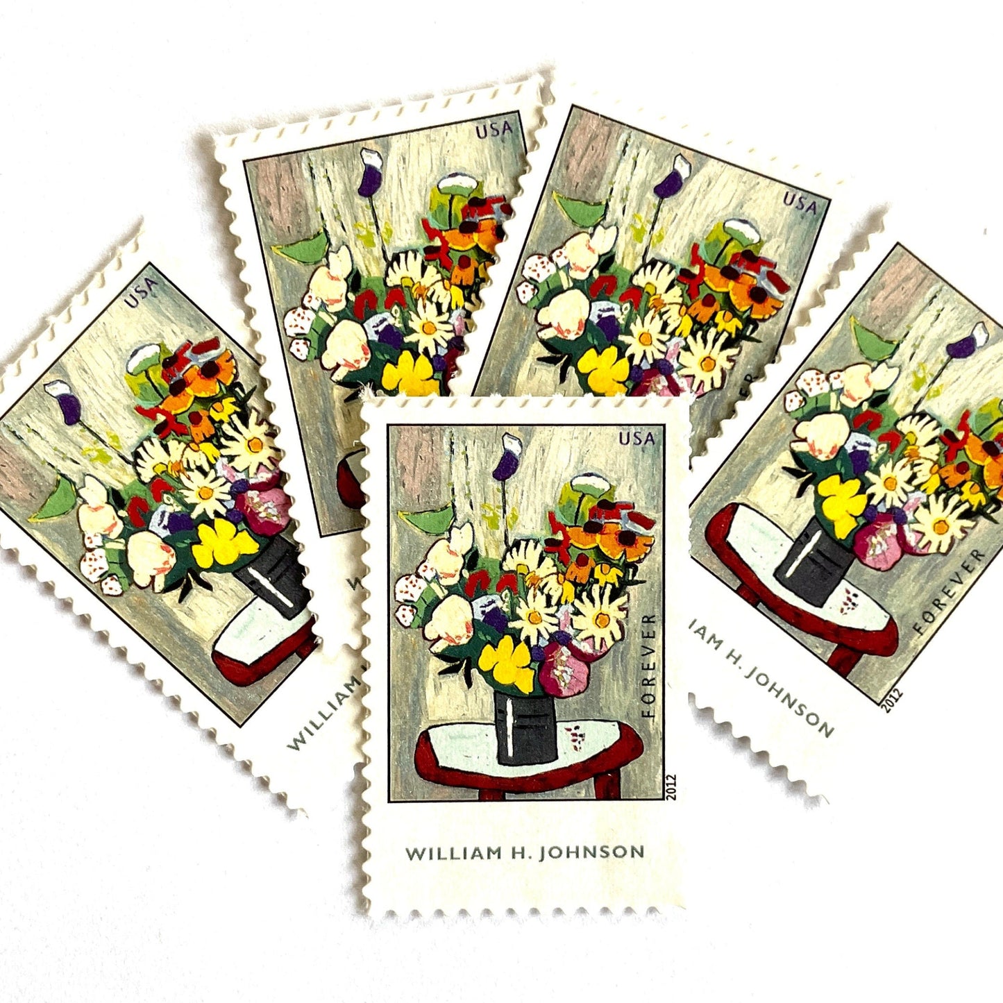 Image of 2012 American Treasures series “William H. Johnson” (Flowers Painting) unused 41-cent vintage USPS mail stamps. Scott #4653. Stamp Themes: Flowers, Floral, Botanical, Flowers in Vase Painting, African American Art. Yellow, Orange, Green, Multicolored self-adhesive postage stamp. Perfect postage stamp to use for save the date announcements, wedding invitation postage, bridal shower invitations, birth announcements, thank you cards, valentine’s day, and snail mail.
