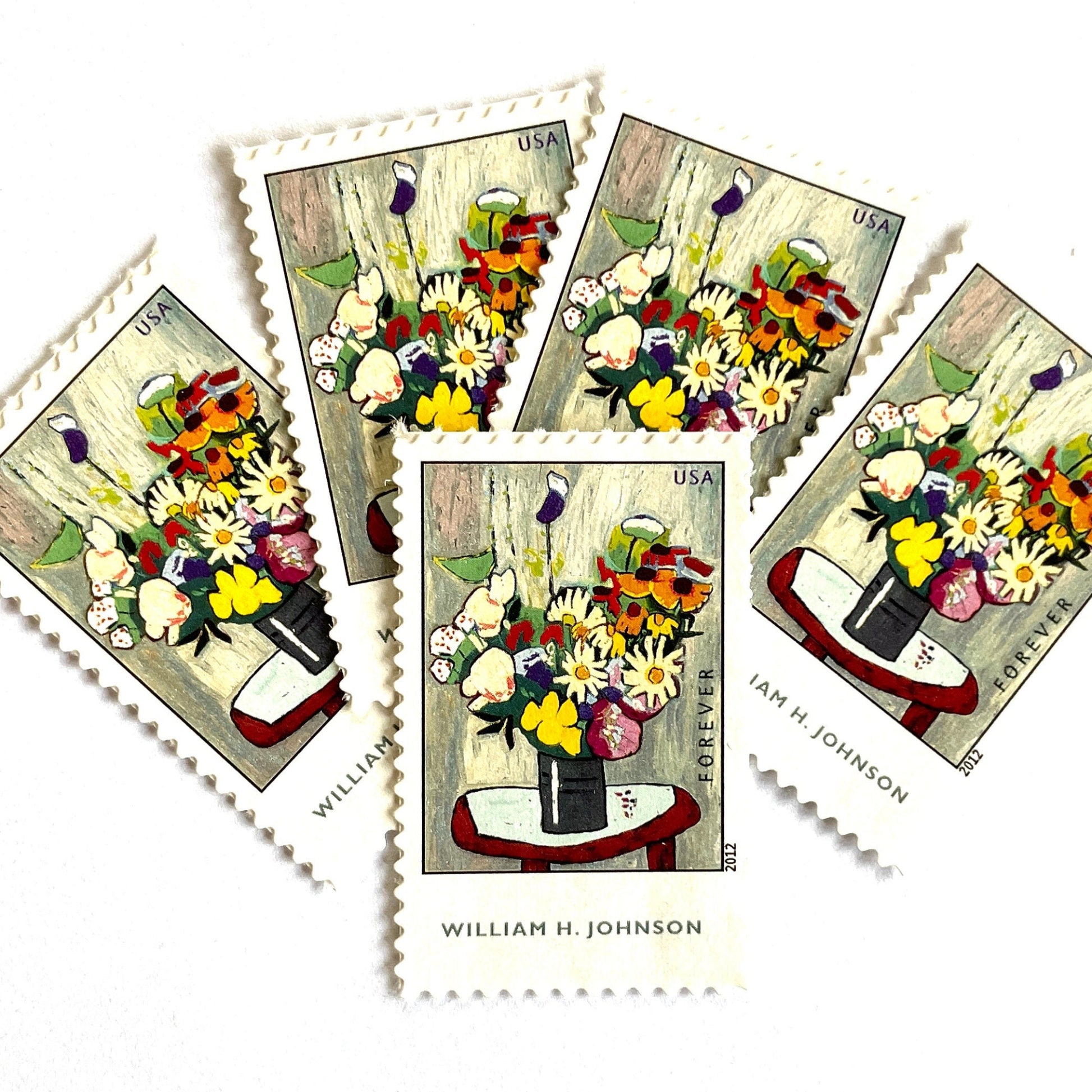Image of 2012 American Treasures series “William H. Johnson” (Flowers Painting) unused 41-cent vintage USPS mail stamps. Scott #4653. Stamp Themes: Flowers, Floral, Botanical, Flowers in Vase Painting, African American Art. Yellow, Orange, Green, Multicolored self-adhesive postage stamp. Perfect postage stamp to use for save the date announcements, wedding invitation postage, bridal shower invitations, birth announcements, thank you cards, valentine’s day, and snail mail.