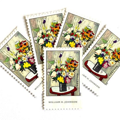 Image of 2012 American Treasures series “William H. Johnson” (Flowers Painting) unused 41-cent vintage USPS mail stamps. Scott #4653. Stamp Themes: Flowers, Floral, Botanical, Flowers in Vase Painting, African American Art. Yellow, Orange, Green, Multicolored self-adhesive postage stamp. Perfect postage stamp to use for save the date announcements, wedding invitation postage, bridal shower invitations, birth announcements, thank you cards, valentine’s day, and snail mail.