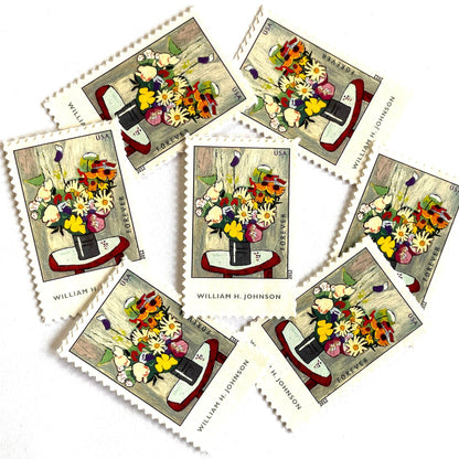 Image of 2012 American Treasures series “William H. Johnson” (Flowers Painting) unused 41-cent vintage USPS mail stamps. Scott #4653. Stamp Themes: Flowers, Floral, Botanical, Flowers in Vase Painting, African American Art. Yellow, Orange, Green, Multicolored self-adhesive postage stamp. Perfect postage stamp to use for save the date announcements, wedding invitation postage, bridal shower invitations, birth announcements, thank you cards, valentine’s day, and snail mail.
