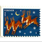 Reindeer in Flight and Moon postage stamp from 2012 featuring flying Christmas reindeer beside a glowing moon in a wintry night sky on unused USPS Forever postage, Scott 4712.