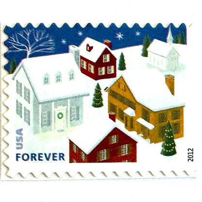 Snow-Covered Roofs postage stamp from 2012 featuring a quiet snowy neighborhood beneath a dark Christmas Eve sky on unused USPS Forever postage, Scott 4715.