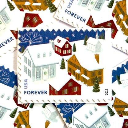 Snow-Covered Roofs postage stamps from 2012 featuring a quiet snowy neighborhood beneath a dark Christmas Eve sky on unused USPS Forever postage, Scott 4715.
