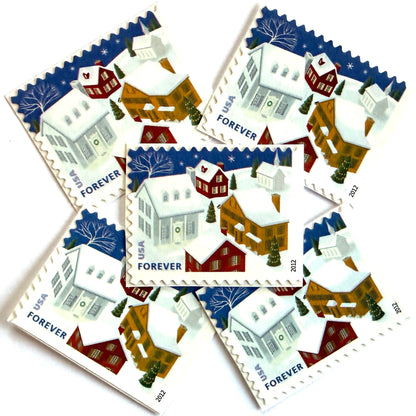Snow-Covered Roofs postage stamps from 2012 featuring a quiet snowy neighborhood beneath a dark Christmas Eve sky on unused USPS Forever postage, Scott 4715.