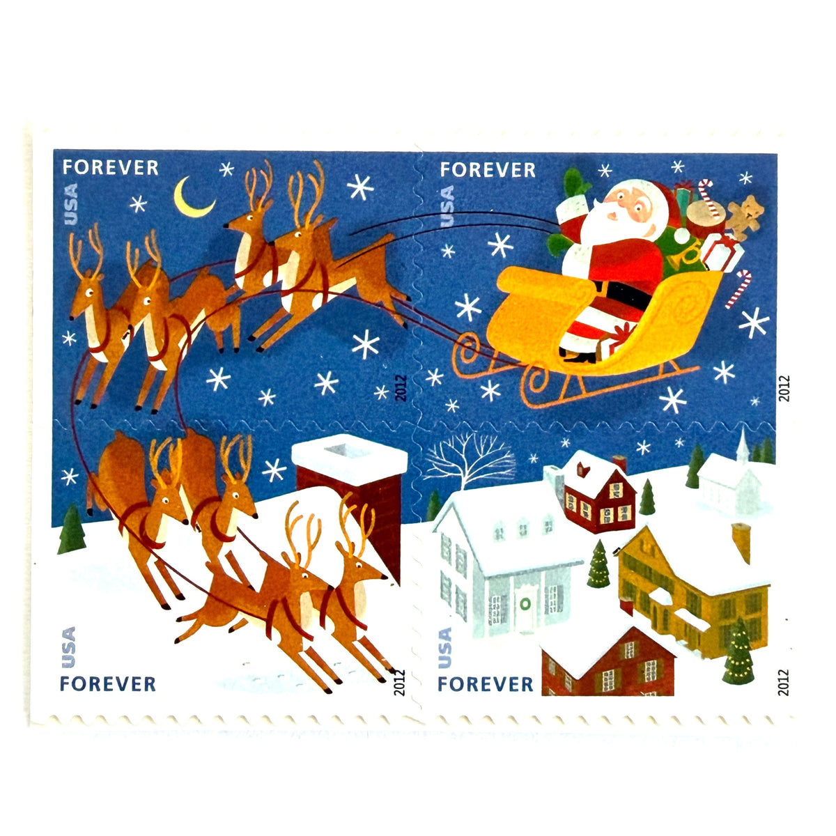 Santa and Sleigh four-stamp se-tenant postage set from 2012 featuring Santa, flying reindeer, moonlit sky, and snow-covered rooftops on unused USPS Forever postage, Scott 4715a.