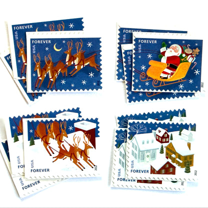 Santa and Sleigh four-stamp se-tenant postage sets from 2012 featuring Santa, flying reindeer, moonlit sky, and snow-covered rooftops on unused USPS Forever postage, Scott 4715a.