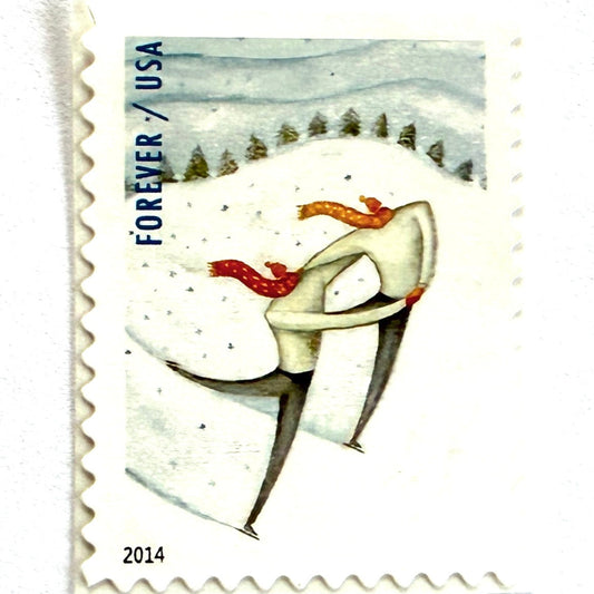 Ice Skaters postage stamps from 2014 featuring two people skating through a snowy folk-art winter landscape on unused USPS Forever postage, Scott 4937.