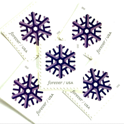 Purple and lilac Geometric Snowflake postage stamps from 2015 featuring a stylized crystalline winter design on unused USPS Forever postage, Scott 5031.