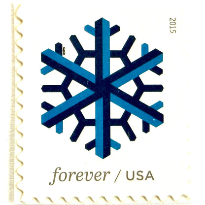 Dark blue and blue Geometric Snowflake postage stamp from 2015 featuring a stylized crystalline winter design on unused USPS Forever postage, Scott 5032.