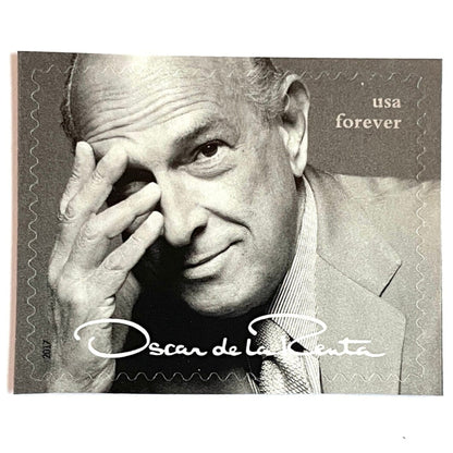 Oscar de la Renta Portrait postage stamp from 2017 featuring the iconic fashion designer on unused USPS Forever postage, Scott 5173a.
