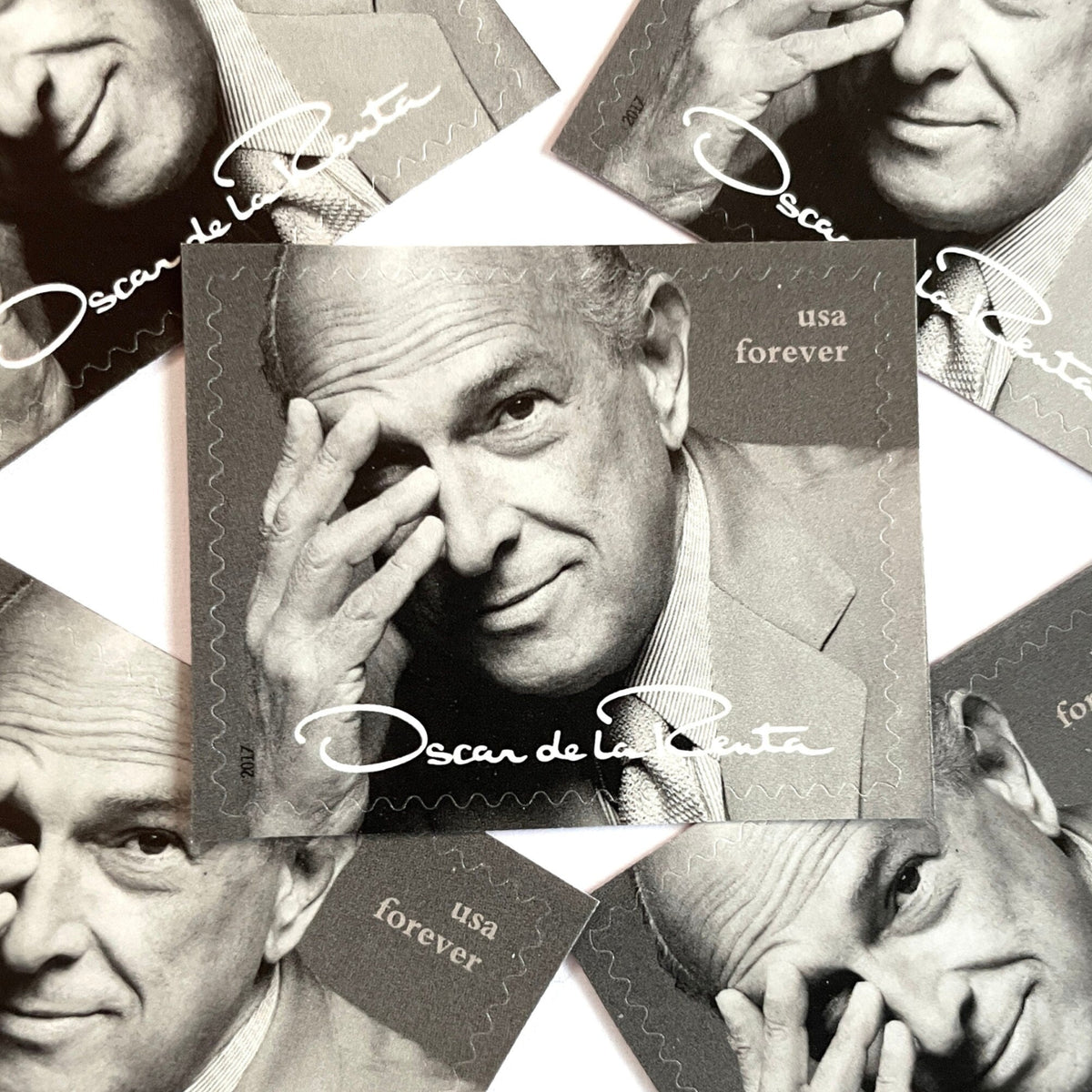 Oscar de la Renta Portrait postage stamps from 2017 featuring the iconic fashion designer on unused USPS Forever postage, Scott 5173a.