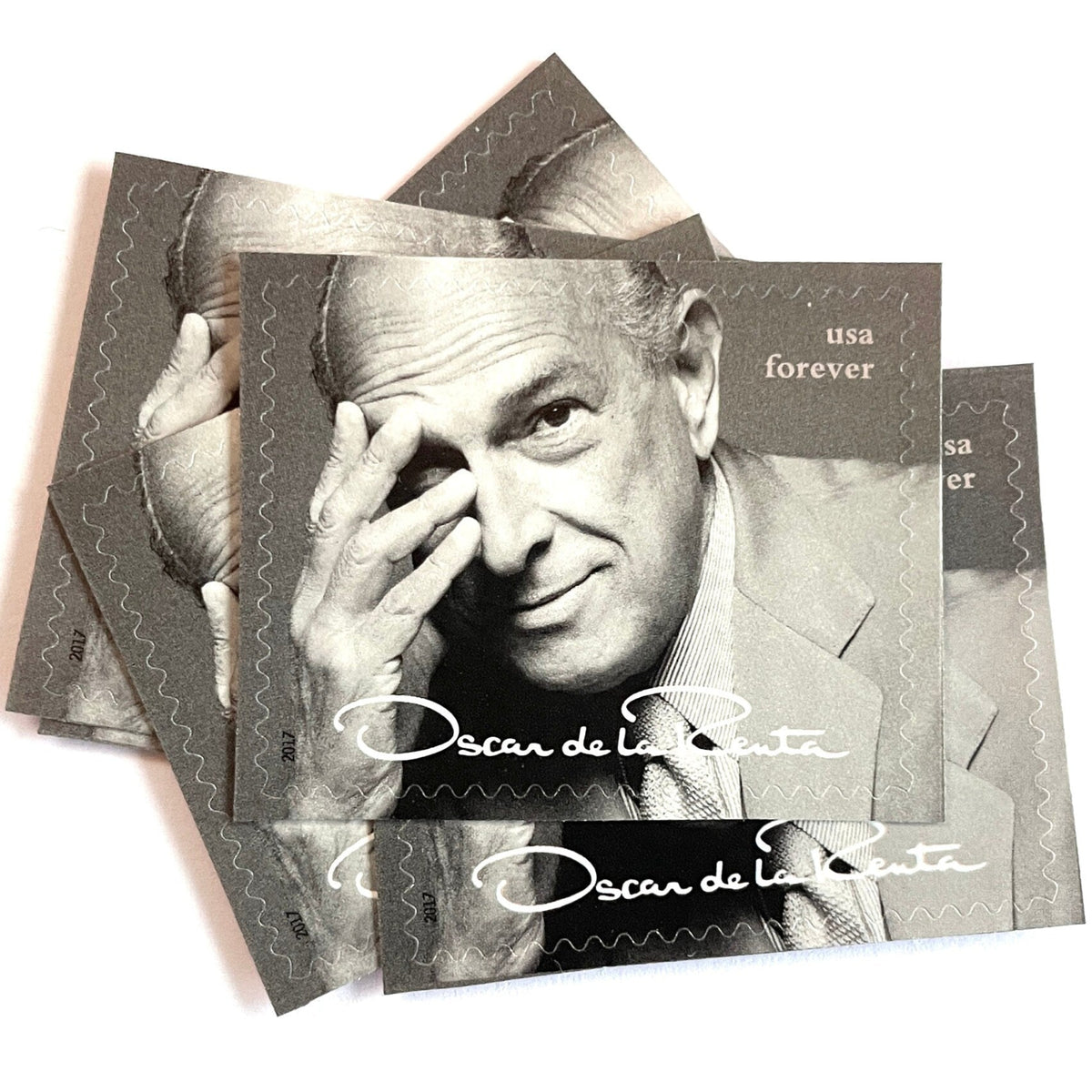 Oscar de la Renta Portrait postage stamps from 2017 featuring the iconic fashion designer on unused USPS Forever postage, Scott 5173a.