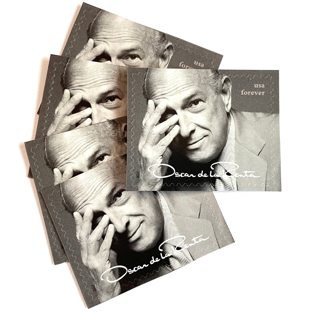 Oscar de la Renta Portrait postage stamps from 2017 featuring the iconic fashion designer on unused USPS Forever postage, Scott 5173a.