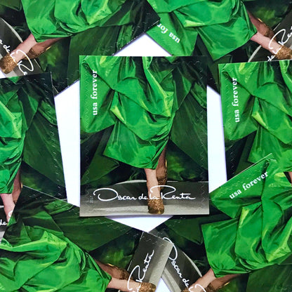 Oscar de la Renta Green Dress postage stamps from 2017 featuring a green couture dress on unused USPS Forever postage, Scott 5173c.