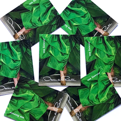 Oscar de la Renta Green Dress postage stamps from 2017 featuring a green couture dress on unused USPS Forever postage, Scott 5173c.