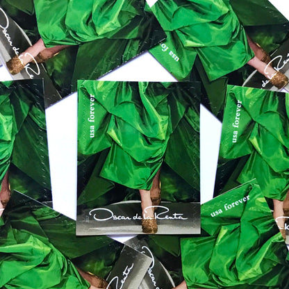 Oscar de la Renta Green Dress postage stamps from 2017 featuring a green couture dress on unused USPS Forever postage, Scott 5173c.