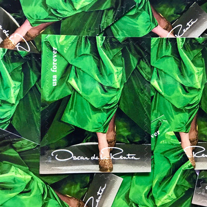 Oscar de la Renta Green Dress postage stamps from 2017 featuring a green couture dress on unused USPS Forever postage, Scott 5173c.