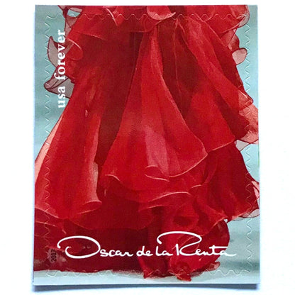 Oscar de la Renta Red Dress postage stamp from 2017 featuring a red couture dress on unused USPS Forever postage, Scott 5173e.