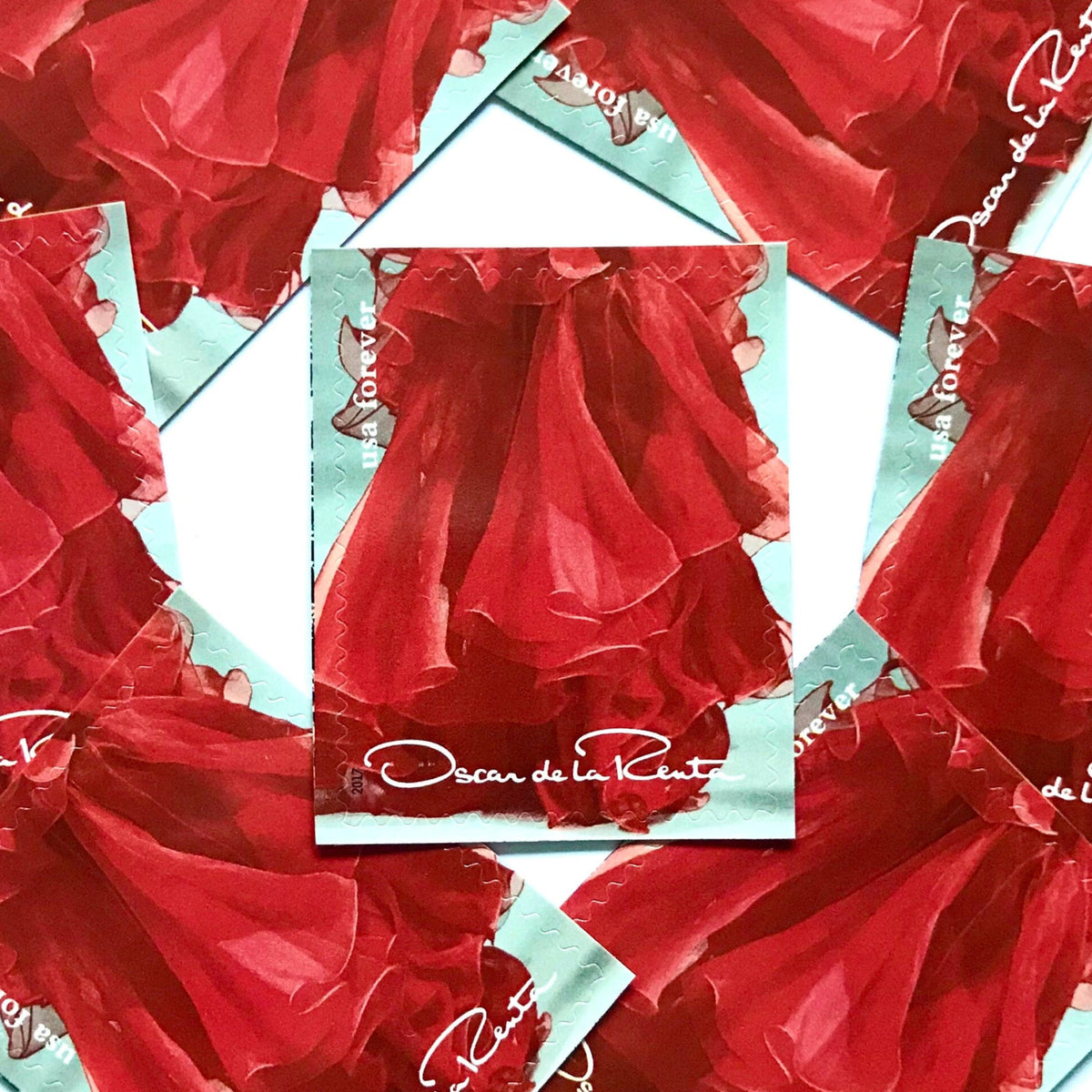 Oscar de la Renta Red Dress postage stamps from 2017 featuring a red couture dress on unused USPS Forever postage, Scott 5173e.