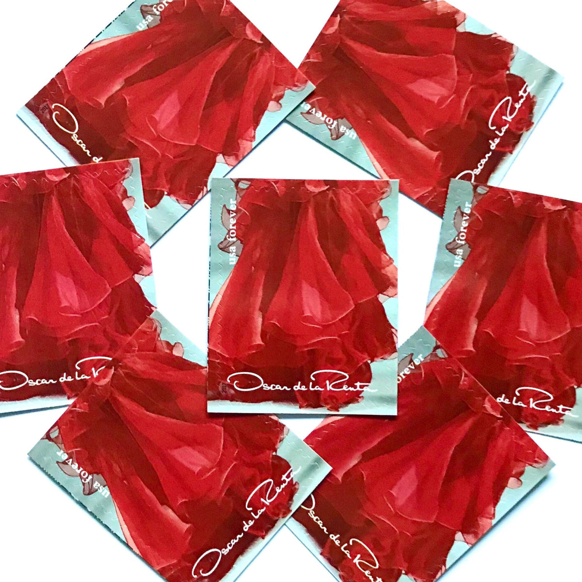 Oscar de la Renta Red Dress postage stamps from 2017 featuring a red couture dress on unused USPS Forever postage, Scott 5173e.