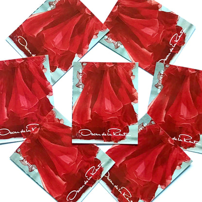 Oscar de la Renta Red Dress postage stamps from 2017 featuring a red couture dress on unused USPS Forever postage, Scott 5173e.