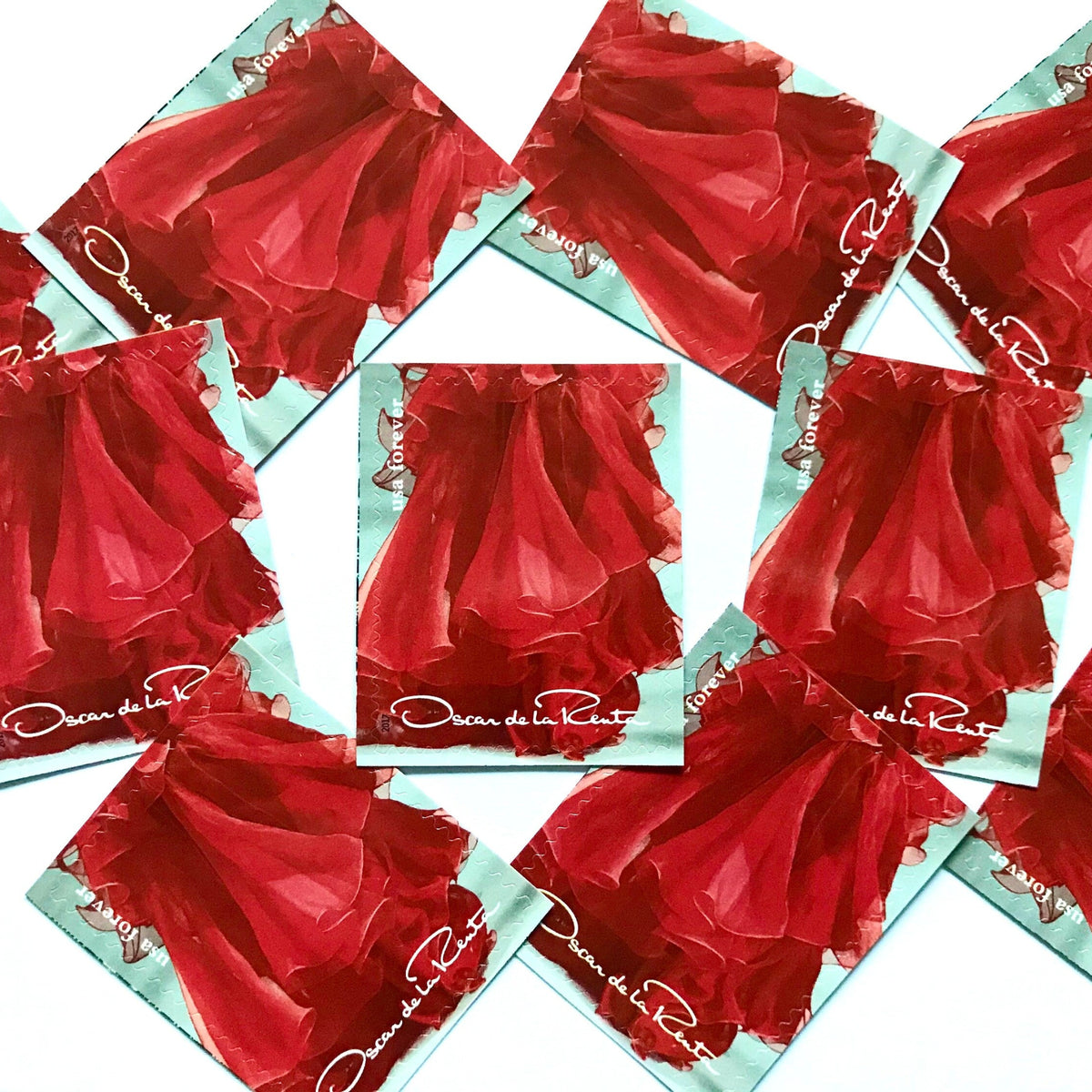 Oscar de la Renta Red Dress postage stamps from 2017 featuring a red couture dress on unused USPS Forever postage, Scott 5173e.