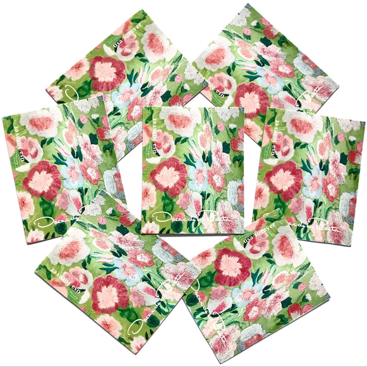 Oscar de la Renta Green Fabric postage stamps from 2017 featuring green fabric with pink floral pattern on unused USPS Forever postage, Scott 5173f.