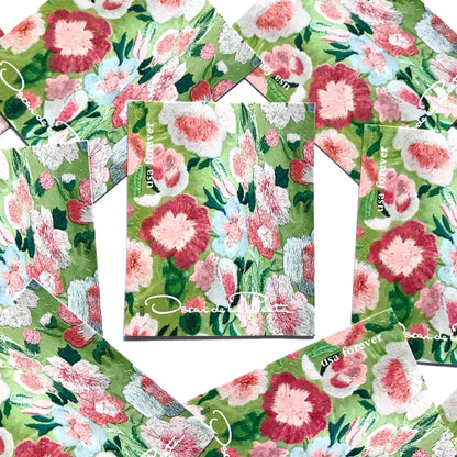Oscar de la Renta Green Fabric postage stamps from 2017 featuring green fabric with pink floral pattern on unused USPS Forever postage, Scott 5173f.