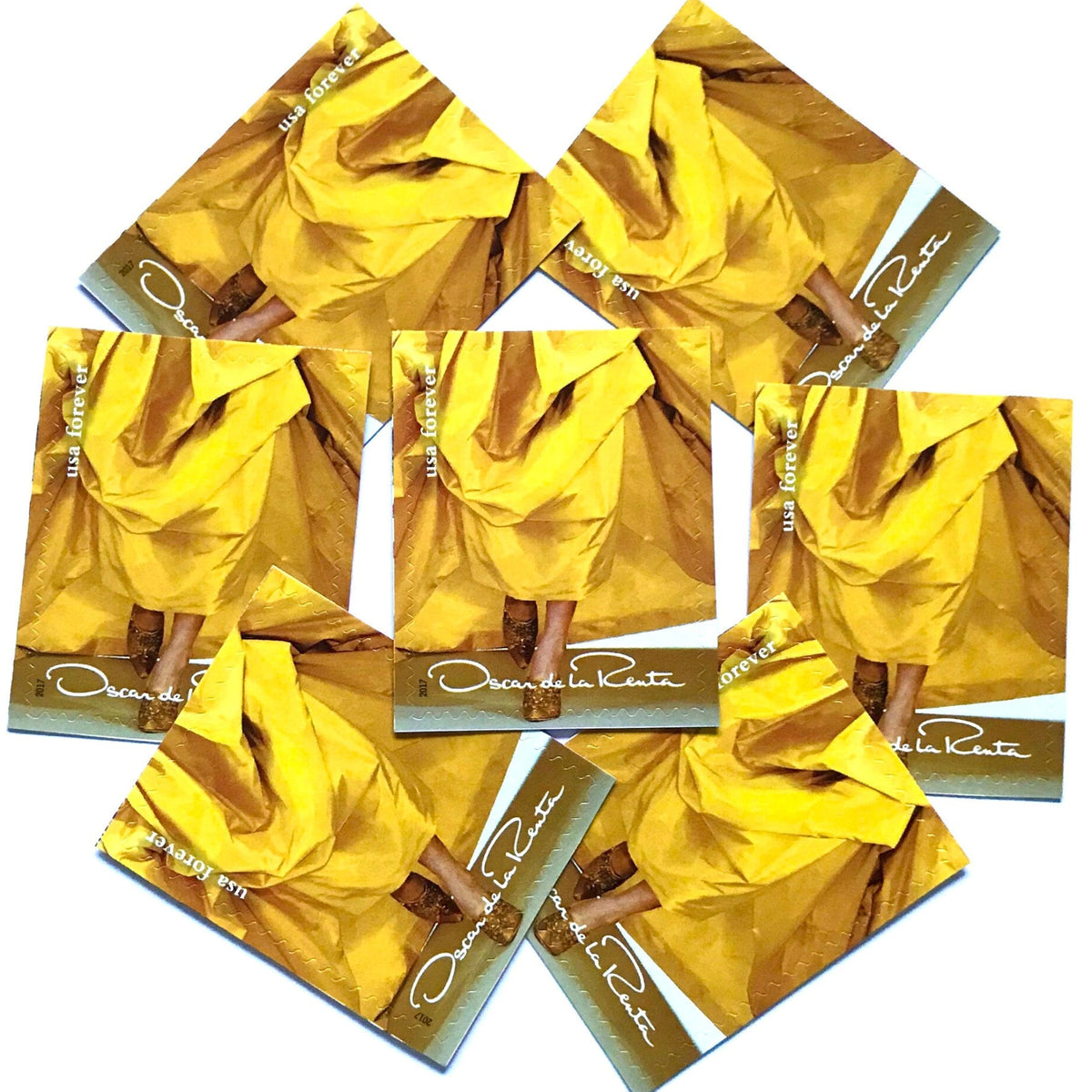 Oscar de la Renta Yellow Dress postage stamps from 2017 featuring a yellow couture dress on unused USPS Forever postage, Scott 5173i.