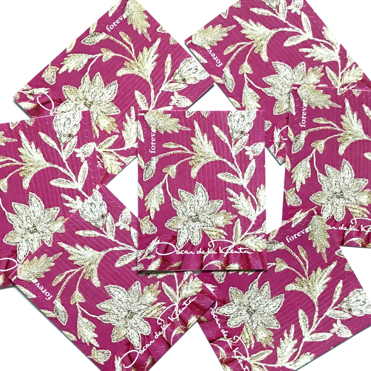 Oscar de la Renta Pink Floral Fabric postage stamps from 2017 featuring a pink, white and gray floral pattern on unused USPS Forever postage, Scott 5173j.