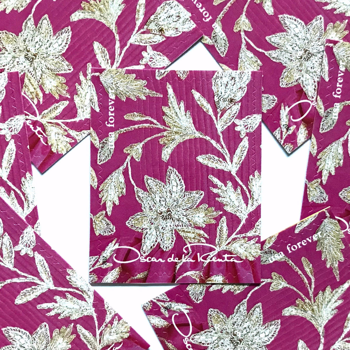 Oscar de la Renta Pink Floral Fabric postage stamps from 2017 featuring a pink, white and gray floral pattern on unused USPS Forever postage, Scott 5173j.