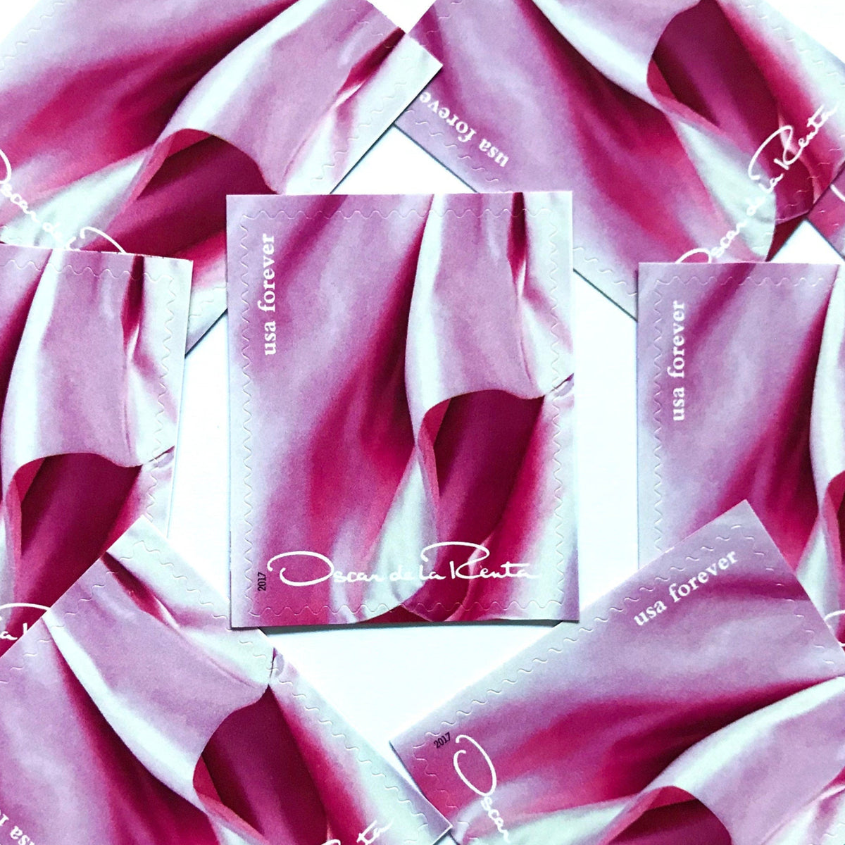 Oscar de la Renta Pink Dress postage stamps from 2017 featuring a pink couture dress on unused USPS Forever postage, Scott 5173k.