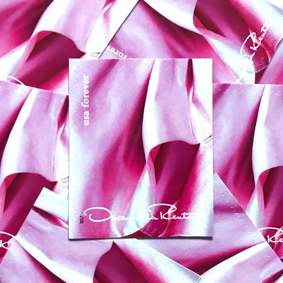 Oscar de la Renta Pink Dress postage stamps from 2017 featuring a pink couture dress on unused USPS Forever postage, Scott 5173k.