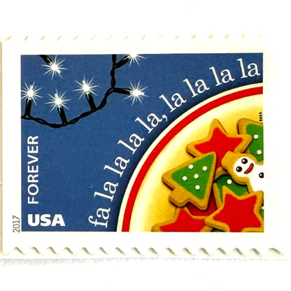 Deck the Halls postage stamp from 2017 featuring festive Christmas cookies inspired by the classic holiday carol on unused USPS Forever postage, Scott 5247.