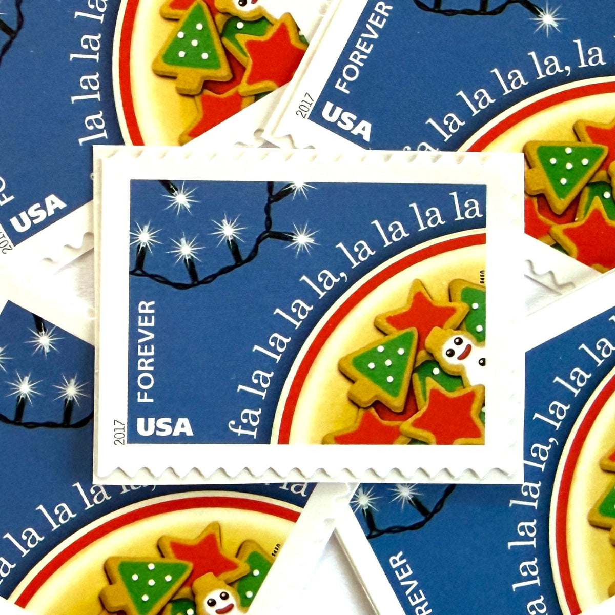 Deck the Halls postage stamps from 2017 featuring festive Christmas cookies inspired by the classic holiday carol on unused USPS Forever postage, Scott 5247.