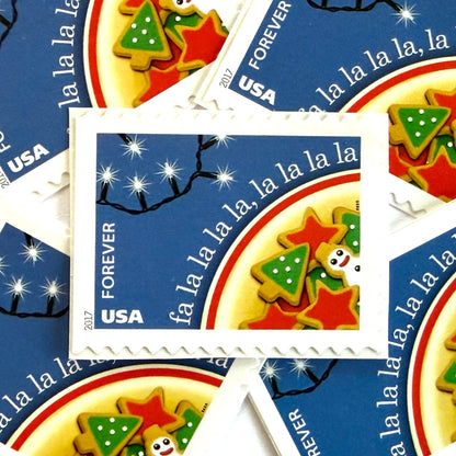 Deck the Halls postage stamps from 2017 featuring festive Christmas cookies inspired by the classic holiday carol on unused USPS Forever postage, Scott 5247.