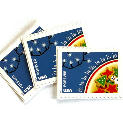 Deck the Halls postage stamps from 2017 featuring festive Christmas cookies inspired by the classic holiday carol on unused USPS Forever postage, Scott 5247.