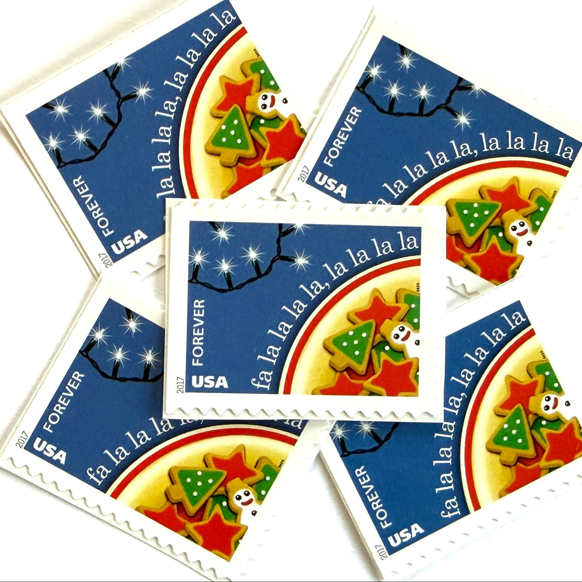 Deck the Halls postage stamps from 2017 featuring festive Christmas cookies inspired by the classic holiday carol on unused USPS Forever postage, Scott 5247.