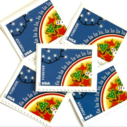 Deck the Halls postage stamps from 2017 featuring festive Christmas cookies inspired by the classic holiday carol on unused USPS Forever postage, Scott 5247.