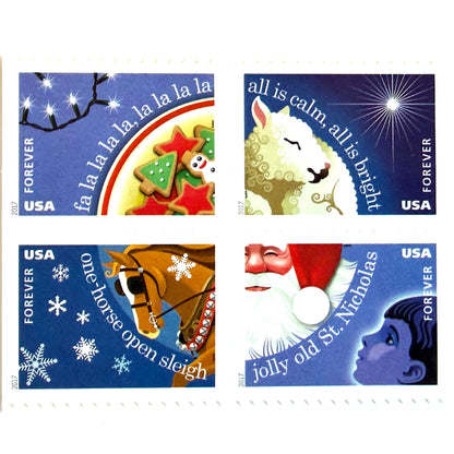 Christmas Carols four-stamp set from 2017 featuring Deck the Halls, Silent Night, Jingle Bells, and Jolly Old Saint Nicholas on unused USPS Forever postage, Scott 5247 to 5250.