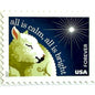 Silent Night postage stamp from 2017 featuring a sheep beneath a peaceful evening sky inspired by the classic Christmas carol on unused USPS Forever postage, Scott 5248.