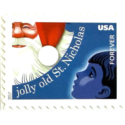 Jolly Old Saint Nicholas postage stamp from 2017 featuring Santa Claus with a child inspired by the traditional Christmas carol, on unused USPS Forever postage, Scott 5250.