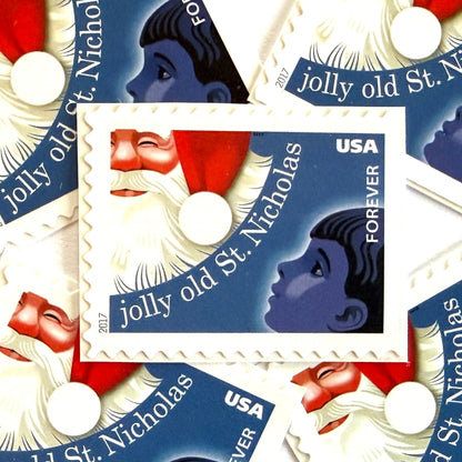 Jolly Old Saint Nicholas postage stamps from 2017 featuring Santa Claus with a child inspired by the traditional Christmas carol on unused USPS Forever postage, Scott 5250.