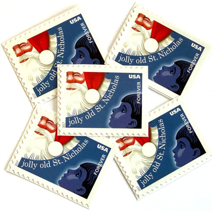 Jolly Old Saint Nicholas postage stamps from 2017 featuring Santa Claus with a child inspired by the traditional Christmas carol on unused USPS Forever postage, Scott 5250.