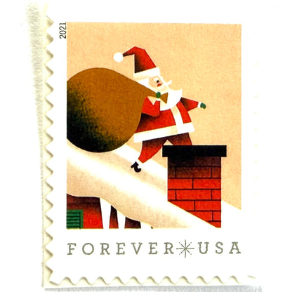 Santa Claus on Roof postage stamp from 2021 featuring St. Nick on a snowy rooftop beneath a pink star-filled sky with one leg inside a red-brick chimney on unused USPS Forever postage, Scott 5644.