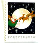 Santa Claus, Sleigh, and Reindeer in Flight postage stamps from 2021 featuring St. Nick and four reindeer flying across a full moon in a dark star-filled sky on unused USPS Forever postage, Scott 5647.