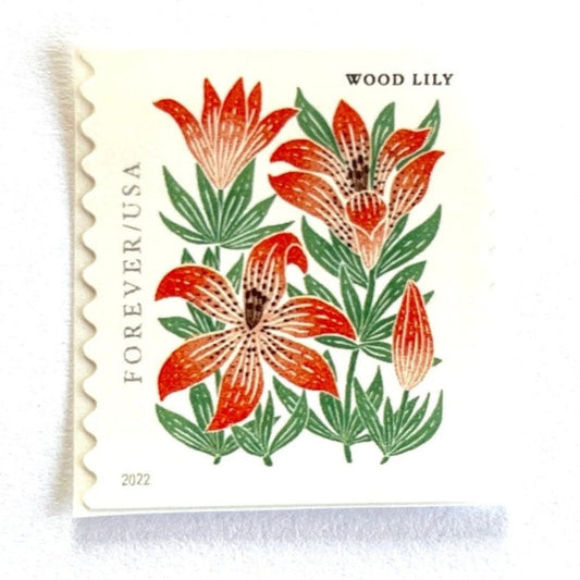 Image of 2022 Mountain Flora Series “Wood Lily” unused Forever USPS mail stamps. Scott #5672. Stamp Themes: Flowers, Wildflowers, Floral, Botanical, Alpine, Mountain Flora, Spring, Mountain Wedding, Rocky Mountains, Colorado, Wyoming, Montana, Idaho, Utah, New Mexico, Oregon, Washington. Red, Orange, Green, Multicolored postage stamp. Perfect postage stamp to use for save the date announcements, wedding invitation postage, shower invitations, thank you cards, birthday party invites, and snail mail.