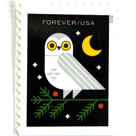 Owl postage stamp from 2023 featuring a white woodland owl beneath a crescent moon with evergreen branches in a stylized winter setting on unused USPS Forever postage, Scott 5824.