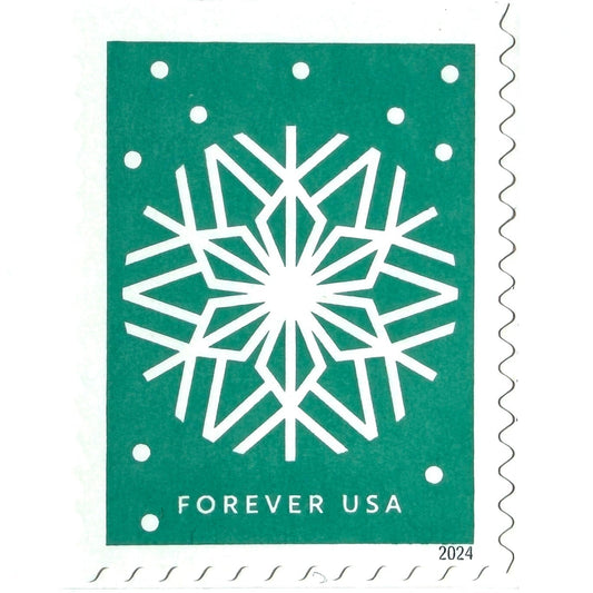 Aquamarine Winter Whimsy Snowflake postage stamp from 2024 featuring a white symmetrical paper-cut-inspired winter design on unused USPS Forever postage, Scott 5949.